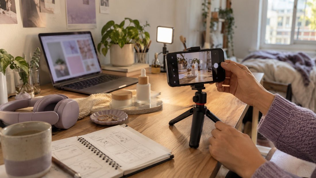 Creadora preparando un vídeo de producto con móvil, trípode y luz en su espacio de trabajo
